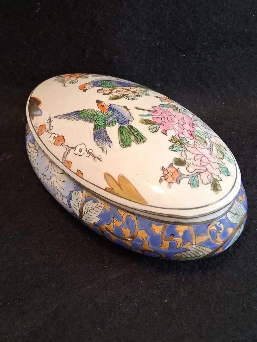 VTG Made in China Chinoiserie Ceramic Oval Trinket Box Bird & Floral Gold Accent - Picture 5 of 13